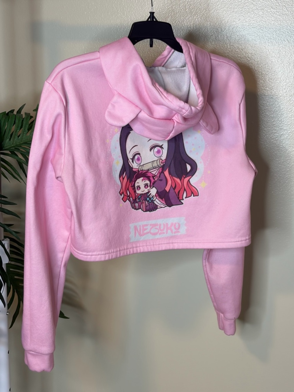 Nezuko Cropped Hoodie Pink Anime Demon Slayer Sweatshirt Cute Ears Y2K Size Med - Picture 3 of 6